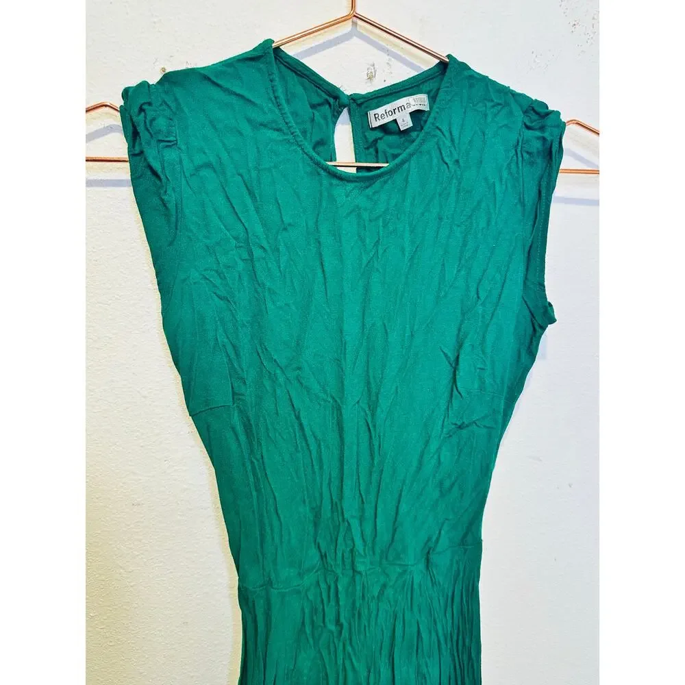 REFORMATION Emerald Green A-Line Crewneck Cap Sleeves Gavin Midi Dress Size 4 - Picture 7 of 12